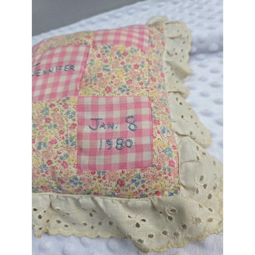 Ruffle Gingham Pillow Pink Cottagecore Embroidered Happy Birthday 10” Jennifer